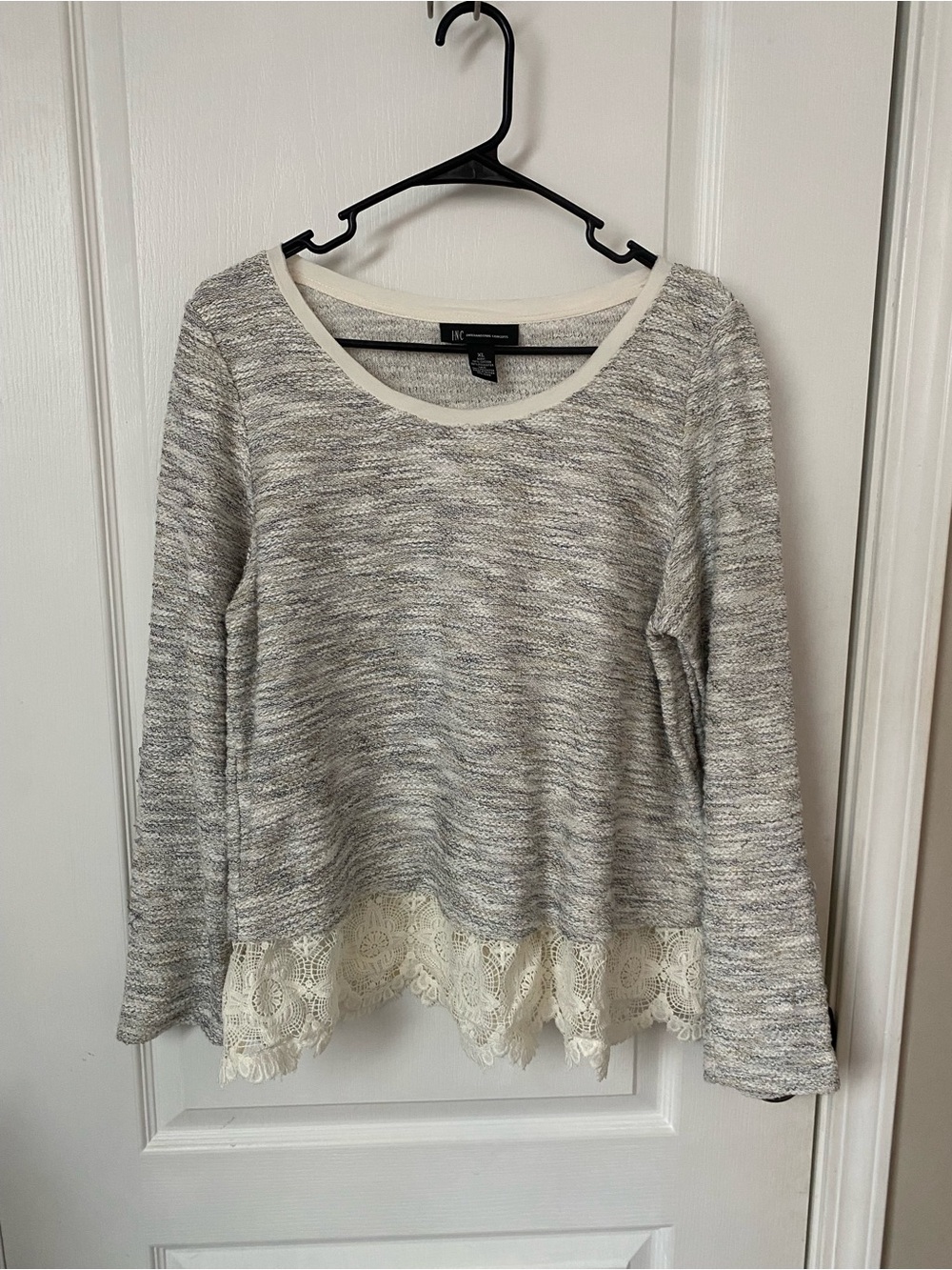INC International Concepts Gray Marled Sweater with Cream Lace Hem